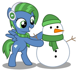 Size: 3970x3650 | Tagged: safe, artist:strategypony, derpibooru import, oc, oc only, oc:sky cleaner, pegasus, pony, bipedal, clothes, earmuffs, female, filly, foal, pegasus oc, scarf, simple background, snowman, transparent background