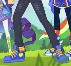 Size: 529x494 | Tagged: safe, derpibooru import, screencap, flash sentry, rainbow dash, rarity, better together, cheer you on, equestria girls, blue sneakers, clothes, converse, cropped, legs, male, pants, pictures of legs, shoes, sneakers