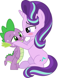 Size: 4177x5616 | Tagged: safe, artist:kingdark0001, derpibooru import, spike, starlight glimmer, dragon, pony, unicorn, absurd resolution, bedroom eyes, blue eyes, blushing, cute, duo, female, green eyes, hooves on cheeks, horn, kiss mark, kissing, lipstick, lucky bastard, male, mare, multicolored mane, multicolored tail, nose wrinkle, png, romantic, shipping, simple background, sitting, smiling, sparlight, standing, straight, tail, transparent background, winged spike, wings