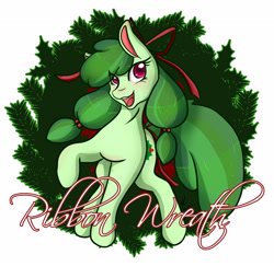 Size: 3743x3641 | Tagged: safe, artist:mscolorsplash, derpibooru import, oc, oc only, oc:ribbon wreath, earth pony, pony, christmas, christmas wreath, earth pony oc, eye clipping through hair, female, hair ribbon, high res, holiday, mare, open mouth, open smile, pigtails, simple background, smiling, solo, twintails, white background, wreath
