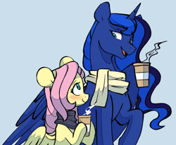 Size: 1649x1359 | Tagged: safe, artist:chub-wub, derpibooru import, fluttershy, princess luna, alicorn, pegasus, pony, blue background, blushing, clothes, coffee, coffee cup, cup, duo, female, lunashy, mare, open mouth, raised hoof, raised leg, scarf, shipping, simple background