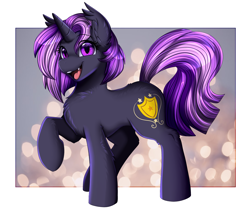 Size: 3309x2750 | Tagged: safe, artist:pridark, derpibooru import, oc, oc only, bat pony, hybrid, pony, unicorn, bat pony unicorn, commission, cute, eye clipping through hair, eyebrows, eyebrows visible through hair, fangs, high res, horn, looking at you, ocbetes, open mouth, open smile, raised hoof, raised leg, smiling, smiling at you, solo