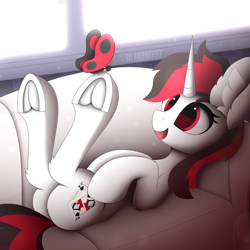 Size: 1920x1920 | Tagged: safe, artist:alexbefest, derpibooru import, oc, oc only, oc:blackjack, butterfly, pony, unicorn, fallout equestria, fallout equestria: project horizons, bed, butt, commission, cute, cutie mark, fanfic art, foe, frog (hoof), happy, high res, hoofbutt, hooves up, horn, lying down, on back, on bed, plot, red, smiling, sofa, solo, underhoof, unicorn oc, window, ych result