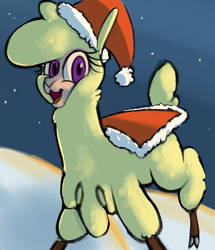 Size: 1516x1764 | Tagged: safe, artist:hitsuji, derpibooru import, paprika paca, alpaca, them's fightin' herds, blanket, christmas, cloven hooves, community related, hat, holiday, looking at you, santa hat, snow, solo, style emulation