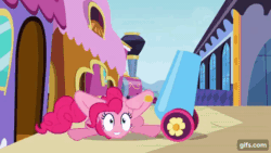 Size: 640x360 | Tagged: safe, derpibooru import, screencap, pinkie pie, earth pony, pony, season 3, the crystal empire, animated, cute, diapinkes, female, friendship express, gif, gifs.com, mare, open mouth, open smile, party cannon, smiling, solo, train, train station