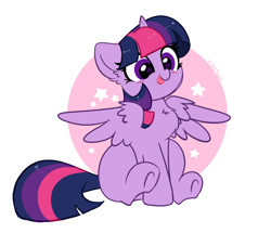 Size: 5179x4449 | Tagged: safe, artist:kittyrosie, derpibooru import, twilight sparkle, twilight sparkle (alicorn), alicorn, pony, :p, blushing, chest fluff, cute, ear fluff, ears, female, full body, high res, horn, mare, multicolored mane, multicolored tail, purple eyes, simple background, sitting, smiling, solo, spread wings, starry eyes, stars, tail, tongue, tongue out, twiabetes, underhoof, white background, wingding eyes, wings