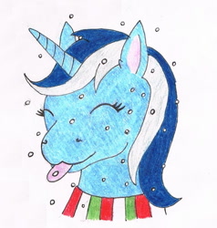 Size: 893x940 | Tagged: safe, artist:assertiveshypony, derpibooru import, minuette, pony, unicorn, clothes, drawing, one eye closed, scarf, simple background, snow, tongue, tongue out, traditional art, white background