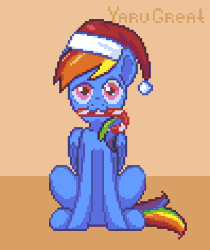 Size: 297x354 | Tagged: safe, artist:yarugreat, derpibooru import, rainbow dash, pegasus, pony, animated, christmas, gif, hat, holiday, multicolored hair, pixel animation, pixel art, santa hat, simple background, sitting, solo, ych animation, ych example, your character here