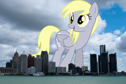 Size: 1800x1205 | Tagged: safe, artist:dashiesparkle, derpibooru import, derpy hooves, pegasus, pony, background pony, derpyzilla, detroit, female, giant derpy hooves, giant pegasus, giant pony, giantess, highrise ponies, irl, macro, mare, mega giant, michigan, photo, ponies in real life