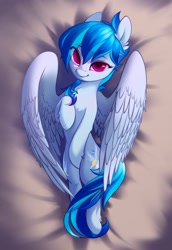 Size: 1408x2048 | Tagged: safe, derpibooru import, oc, oc only, oc:valor compassion, pegasus, pony, bedroom eyes, body pillow, body pillow design, chest fluff, female, looking at you, lying down, mare, pegasus oc, raised hoof, raised leg, smiling, smiling at you, solo