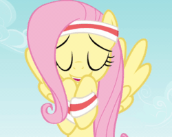 Size: 720x576 | Tagged: safe, derpibooru import, screencap, fluttershy, pegasus, pony, hurricane fluttershy, season 2, all new, animated, armband, blushing, cloud, cropped, cute, faic, female, flying, gif, grin, happy, headband, hub logo, lidded eyes, looking at you, loop, mare, pink mane, reversed, shrunken pupils, shyabetes, sky, smiling, solo, spread wings, squee, sweatband, teal eyes, text, wings