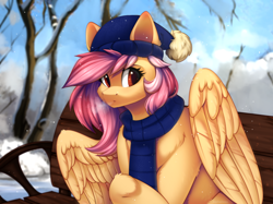 Size: 2732x2048 | Tagged: safe, artist:alphadesu, derpibooru import, oc, oc only, oc:cotton seams, pegasus, pony, bench, clothes, detailed background, female, hat, mare, not fluttershy, scarf, sitting, snow, snowfall, solo, tree, winter