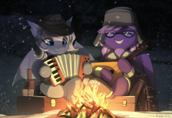 Size: 3200x2200 | Tagged: safe, artist:freeedon, derpibooru import, oc, oc only, bat pony, pony, accordion, balalaika, bat pony oc, bottle, campfire, clothes, cute little fangs, duo, fangs, fire, glasses, grin, hat, lute, night, playing instrument, sitting, smiling, suitcase, ushanka