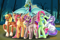 Size: 8086x5406 | Tagged: safe, artist:mailner, derpibooru import, applejack, fluttershy, gummy, manny roar, opalescence, owlowiscious, pinkie pie, rainbow dash, rarity, tank, twilight sparkle, winona, alicorn, bird, cat, cat pony, crocodile, dog, dog pony, manticore, original species, owl, pegasus, pony, tortoise, unicorn, absurd file size, absurd resolution, appledog, applejack's hat, bipedal, clothes, collar, colored hooves, colored wings, cowboy hat, crossed arms, cutie mark, fangs, female, flying, fusion, grin, hat, hooves, horn, jewelry, looking at you, male, mane six, mare, necklace, open mouth, open smile, raised hoof, raised leg, raricat, redesign, smiling, smiling at you, spread wings, tail, wall of tags, we have become one, white outline, wings, wrinkles