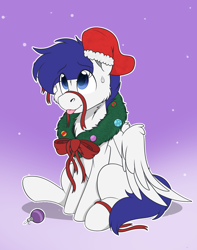 Size: 1744x2208 | Tagged: safe, artist:rokosmith26, derpibooru import, oc, oc only, pegasus, pony, bow, cheek fluff, chest fluff, christmas, christmas stocking, christmas wreath, commission, ears, floppy ears, gradient background, holiday, looking up, male, one ear down, pegasus oc, raised hoof, raised leg, ribbon, simple background, sitting, smiling, solo, spread wings, stallion, sweat, sweatdrop, tail, tongue, tongue out, wing fluff, wings, wreath, ych result