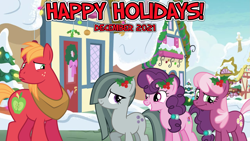 Size: 2063x1160 | Tagged: safe, artist:not-yet-a-brony, derpibooru import, big macintosh, cheerilee, marble pie, sugar belle, earth pony, unicorn, 2021, awkward, christmas, embarrassed, female, friends, friendship, friendshipping, happy holidays, hearth's warming, holiday, holly, husband and wife, joke, male, mare, married couple, ponyville, prank, schadenfreude, shipping, snow, stallion, straight, sugarmac, uh oh, winter, youtube link in the description