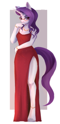 Size: 1287x2636 | Tagged: safe, artist:vetta, derpibooru import, rarity, anthro, unguligrade anthro, unicorn, anklet, bracelet, clothes, dress, female, glasses, hand on chin, jewelry, looking at you, mare, necklace, rarity's glasses, red dress, side slit, smiling, smiling at you, solo, total sideslit, unshorn fetlocks