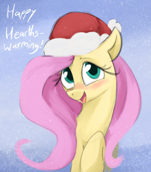 Size: 698x798 | Tagged: safe, artist:dotkwa, derpibooru import, fluttershy, pegasus, pony, blushing, christmas, cute, female, hat, holiday, looking at you, mare, open mouth, open smile, santa hat, shyabetes, smiling, smiling at you, solo, talking to viewer