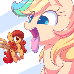 Size: 2500x2500 | Tagged: safe, artist:acersiii, derpibooru import, oc, oc only, oc:candy sparkles, oc:soft melody, pegasus, pony, blue eyes, duo, esophagus, eye clipping through hair, flying, high res, macro, mawshot, micro, open mouth, oral invitation, pegasus oc, salivating, slimy, spread wings, taste buds, tongue, tongue out, wings