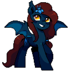 Size: 640x640 | Tagged: safe, artist:hikkage, derpibooru import, oc, oc only, oc:nightingale, bat pony, bat pony oc, female, mare, pixel art, poison joke, simple background, smiling, transparent background