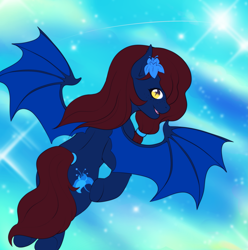 Size: 2331x2348 | Tagged: safe, artist:wild-fluff, derpibooru import, oc, oc:nightingale, bat pony, bat pony oc, bat wings, flower, flower in hair, flying, freckles, looking at you, poison joke, simple background, smiling, smiling at you, wings