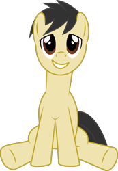 Size: 1873x2702 | Tagged: safe, anonymous artist, derpibooru exclusive, derpibooru import, oc, oc only, earth pony, pony, .svg available, 2022 community collab, brown eyes, derpibooru community collaboration, earth pony oc, front view, full body, grin, lidded eyes, male, show accurate, simple background, sitting, smiling, solo, stallion, svg, transparent background, underhoof, vector