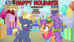 Size: 2064x1161 | Tagged: safe, anonymous artist, derpibooru import, plaid stripes, star tracker, earth pony, 2021, cake, canterlot, canterlot castle, christmas, colt, december, female, filly, foal, food, happy holidays, hearth's warming, holiday, holly, kiss mark, lipstick, looking at each other, lyrics in the description, male, mistletoe, party, present, shipping, smiling, smiling at each other, starstripes, straight, youtube link in the description