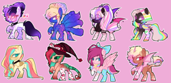 Size: 3225x1571 | Tagged: safe, artist:kyannepopys, derpibooru import, oc, oc only, bat pony, original species, pony, base used, bat pony oc, bat wings, choker, hat, kitsune, kitsune pony, multicolored hair, purple background, rainbow hair, simple background, wings, witch hat