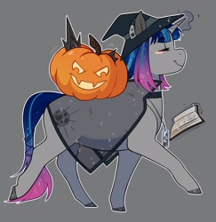 Size: 2000x2057 | Tagged: safe, artist:royvdhel-art, derpibooru import, oc, oc only, pony, unicorn, blush sticker, blushing, cape, clothes, colored hooves, commission, eyes closed, female, gray background, halloween, hat, heart, holiday, horn, jack-o-lantern, levitation, magic, mare, pumpkin, see-through, simple background, smiling, telekinesis, unicorn oc, white outline, witch hat, ych result