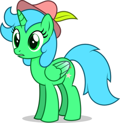 Size: 1853x1905 | Tagged: safe, artist:thatusualguy06, derpibooru import, oc, oc only, alicorn, pony, 2022 community collab, alicorn oc, colored wings, colored wingtips, derpibooru community collaboration, feather hat, female, folded wings, full body, green eyes, hat, horn, mare, open mouth, shadow, show accurate, simple background, solo, standing, transparent background, wings