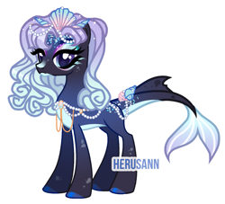 Size: 1581x1437 | Tagged: safe, artist:herusann, derpibooru import, oc, oc only, sea pony, base used, eyelashes, female, hoof polish, jewelry, makeup, mare, necklace, pearl necklace, smiling