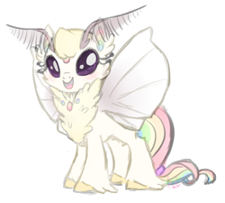 Size: 2583x2321 | Tagged: safe, artist:khimi-chan, derpibooru import, oc, oc only, oc:jewel, moth, mothpony, original species, chest fluff, eyelashes, female, multicolored hair, rainbow hair, simple background, smiling, story included, white background, wings