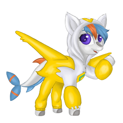 Size: 3072x3072 | Tagged: safe, artist:micaza, derpibooru import, oc, oc only, oc:gulfstream, hybrid, original species, shark, shark pony, clothes, costume, female, hoodie, latias, legendary pokémon, pokémon, shiny pokémon, simple background, smiling, transparent background, waving, waving at you