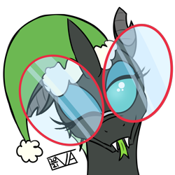 Size: 4000x4000 | Tagged: safe, artist:evan555alpha, ponybooru exclusive, oc, oc only, oc:yvette (evan555alpha), changeling, evan's daily buggo, blue eyeshadow, changeling oc, christmas, colored sketch, cute, dorsal fin, ears, eyelashes, eyeshadow, fangs, female, floppy ears, forked tongue, glasses, green hat, green tongue, head tilt, lidded eyes, looking at you, ocbetes, one ear down, one eye closed, round glasses, santa hat, signature, simple background, sketch, solo, technicolor tongue, tongue, tongue out, transparent background, wink