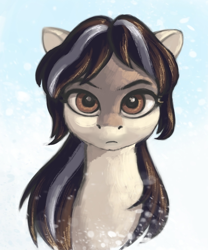 Size: 688x827 | Tagged: safe, artist:escdev, edit, oc, oc only, oc:cold shoulder, pony, bust, female, looking at you, mare, snow, snowfall, snowpony (species), solo, taiga pony