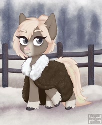 Size: 1800x2200 | Tagged: artist needed, safe, artist:angeldragonqueen, derpibooru import, oc, oc only, oc:bundle up, pony, brown coat, clothes, coat, coat markings, eye clipping through hair, eyebrows visible through hair, female, fence, mare, snow, snowfall, snowpony (species), socks (coat marking), solo, taiga pony, unshorn fetlocks, winter, yakutian horse