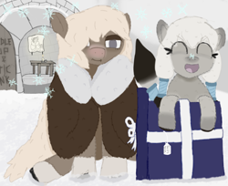 Size: 2864x2336 | Tagged: safe, artist:anonymous, oc, oc only, oc:arctic ink, oc:bundle up, pony, clothes, coat, coat markings, duo, female, filly, foal, hair over one eye, igloo, mare, open mouth, present, sitting, snow, snowfall, snowflake, snowpony (species), socks (coat marking), taiga pony
