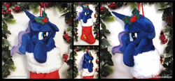 Size: 3780x1754 | Tagged: safe, artist:peruserofpieces, derpibooru import, princess luna, alicorn, pony, christmas, christmas stocking, cute, ears, female, floppy ears, garland, hiding behind hooves, holiday, holly, horn, looking at you, lunabetes, mare, peruserofpieces is trying to murder us, shy, solo, wings