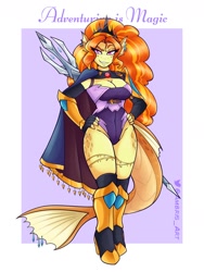 Size: 1800x2400 | Tagged: safe, artist:ambris, derpibooru import, adagio dazzle, anthro, siren, unguligrade anthro, abstract background, accessories, adagiazonga dazzle, adventuring is magic, armor, big breasts, boots, breasts, cape, claws, cleavage, clothes, crown, curvy, dreamworks face, ear fins, ear piercing, evening gloves, eyelashes, female, fighter, fingerless elbow gloves, fingerless gloves, fins, fish tail, gem, gloves, greaves, hand on hip, high heel boots, high heels, high res, hoof boots, jewelry, large voluminous hair, leg band, legs, leotard, lidded eyes, long gloves, looking at you, necklace, orange hair, piercing, pink eyes, pose, raised eyebrow, regalia, scales, scepter, sexy, sharp teeth, shoes, siren gem, smiling, smiling at you, smug, solo, standing, straps, stupid sexy adagio dazzle, tail, teeth, thighs, thong leotard, tight clothing, trident, unconvincing armor, wall of tags, weapon, wide hips, yellow skin