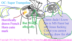 Size: 1074x616 | Tagged: safe, artist:super trampoline, derpibooru import, oc, oc only, oc:super trampoline, bat pony, 1000 hours in ms paint, bat pony oc, dialogue, donut steel, french horn, horrible, ms paint, ms paint skills almost non-existent, musical instrument, stylistic suck, vulgar