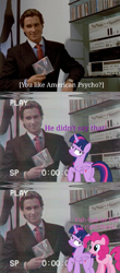 Size: 733x1671 | Tagged: safe, derpibooru import, edit, edited screencap, screencap, pinkie pie, twilight sparkle, twilight sparkle (alicorn), alicorn, earth pony, human, pony, american psycho, butt, comic, irl, irl human, meme, movie reference, patrick bateman, photo, subtitles, text, twibutt, vhs