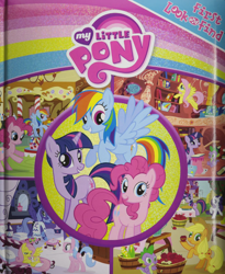 Size: 600x730 | Tagged: safe, derpibooru import, aloe, applejack, fluttershy, pinkie pie, princess luna, rainbow dash, spike, twilight sparkle, unicorn twilight, unicorn, book, golden oaks library, my little pony: first look and find, ponyville spa, stock vector, sugarcube corner, sweet apple acres