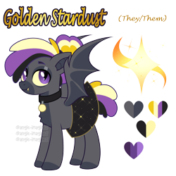 Size: 3141x3141 | Tagged: safe, artist:angie imagines, derpibooru import, oc, oc only, oc:golden stardust, bat pony, bat pony oc, bat wings, chest fluff, choker, clothes, eyebrows, fangs, fluffy, multicolored hair, nonbinary, purple eyes, reference sheet, simple background, skirt, solo, transgender, transparent background, wings