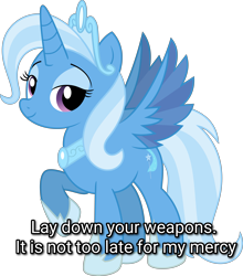 Size: 6247x7083 | Tagged: safe, artist:shootingstarsentry, derpibooru import, idw, trixie, alicorn, pony, absurd resolution, alicornified, caption, crown, dagoth ur, female, idw showified, image macro, jewelry, morrowind, race swap, regalia, simple background, smiling, solo, talking to viewer, text, the elder scrolls, transparent background, trixiecorn, vector