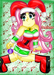 Size: 1500x2100 | Tagged: safe, artist:kamikiku, derpibooru import, fluttershy, equestria girls, breasts, christmas, clothes, costume, holiday, hootershy, santa costume, sexy, sexy santa costume