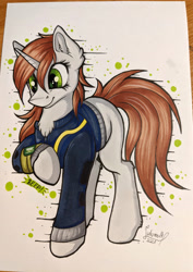 Size: 2749x3890 | Tagged: safe, artist:julunis14, derpibooru import, oc, oc only, oc:littlepip, pony, unicorn, fallout equestria, chest fluff, ear fluff, ears, eyelashes, female, horn, mare, photo, pipbuck, raised hoof, raised leg, smiling, solo, traditional art