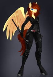 Size: 1097x1598 | Tagged: safe, artist:scarlet-spectrum, derpibooru import, oc, oc only, oc:lucy harmony, anthro, pegasus, unguligrade anthro, anthro oc, baton, catsuit, clothes, female, frown, looking at you, mare, solo, weapon