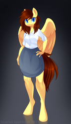 Size: 1122x1958 | Tagged: safe, artist:scarlet-spectrum, derpibooru import, oc, oc only, oc:lucy harmony, anthro, pegasus, unguligrade anthro, anthro oc, clothes, female, looking at you, mare, shirt, skirt, solo