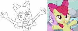 Size: 624x251 | Tagged: safe, artist:jklrxdk, derpibooru import, apple bloom, diamond tiara, silver spoon, human, pony, crusaders of the lost mark, comparison, female, freckles, humanized, missing teeth, open mouth, screencap reference, traditional art
