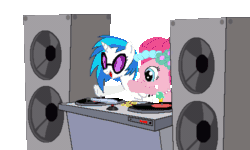Size: 500x300 | Tagged: safe, artist:tomdantherock, derpibooru import, dj pon-3, pinkie pie, vinyl scratch, earth pony, pony, unicorn, a canterlot wedding, animated, bipedal, duo, duo female, female, gif, open mouth, open smile, simple background, smiling, speakers, transparent background, turntable, wub
